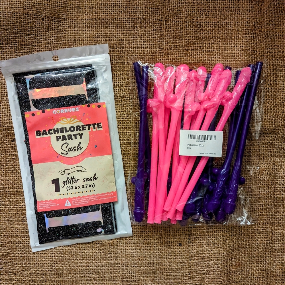 Brand New Bachelorette Manly Straws & Glitter Sash Celebrate The Bride